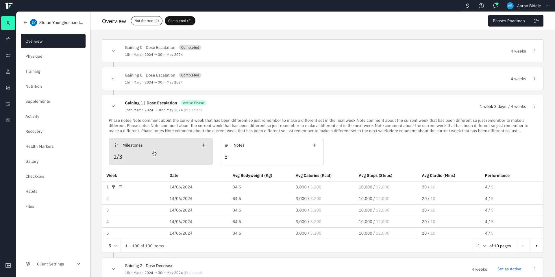 The coaches’ web app, showing a client’s training phases with weekly bodyweight, calorie, step and cardio targets.